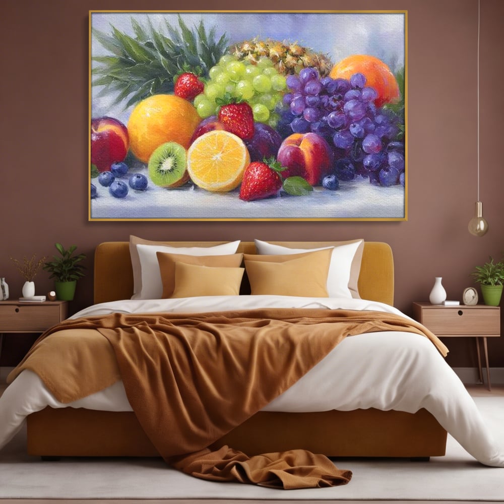 Tablou canvas cu pictura cu cos de fructe, in rama de aluminiu auriu, pe perete intr-un dormitor